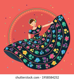 Traditional mexican woman on a dress with flowers - Vector