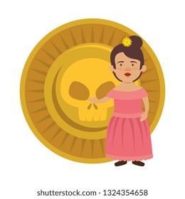 traditional mexican woman with skull coin