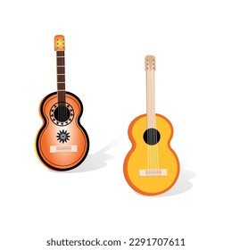 Traditional Mexican wooden toy guitar. Wooden guitar with Mexican ornaments for boys and girls, isolated on a white background. Vector illustration of wooden guitars, symbol of Mexican culture.