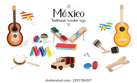 Traditional Mexican wooden toys. Vector illustration of typical Mexican handmade toys, balero, trompo, yoyo, matraca, tambor, canicas, camion, resortera y guitarras. Mexican iconic wooden toys.