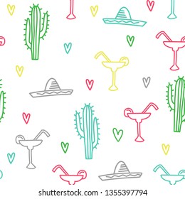 Traditional Mexico doodle pattern with cactus, mexican hat and coctail Margarita.