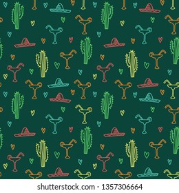 Traditional Mexico doodle pattern with cactus, mexican hat and coctail Margarita.