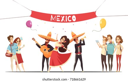 Traditional mexico festival design concept with musicians in native costumes and audience with camera flat vector illustration