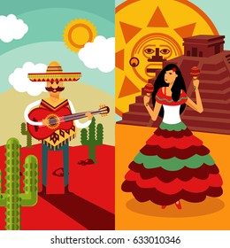 Traditional Mexico vertical banners with man playing guitar dancing woman holding maracas cactuses sun symbol pyramid vector illustration