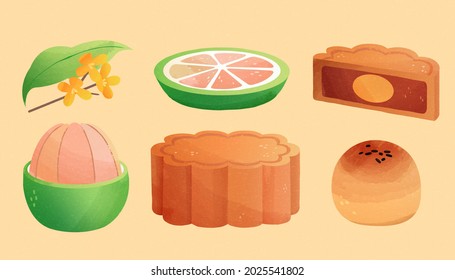 Traditional mid autumn elements isolated on beige background, including pomelo fruit, osmanthus blossom, and mooncakes. Hand drawn design.