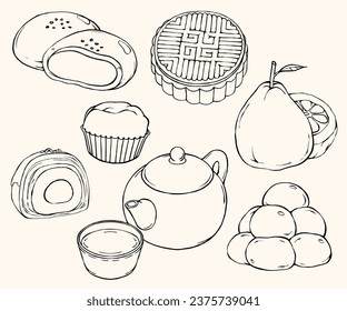 Traditional Mid-Autumn Festival Food Hand-drawn Illustration Set: Mooncakes, Yolk Pastry, Vegetable Dumpling, Confection, Rice Cake, Pomelo, Mochi, Tea