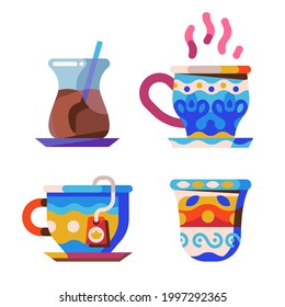 Traditional middle eastern and arabic tea and coffee cups with oriental ornaments and symbols. Turkish and moroccan cup icons in flat design.