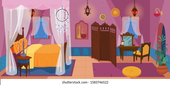 Traditional middle Eastern bedroom with furniture and decoration elements.Four poster bed with dream catcher, screen, lanterns, dressing table with chair, ceramics, carpets, plant. Cartoon vector.
