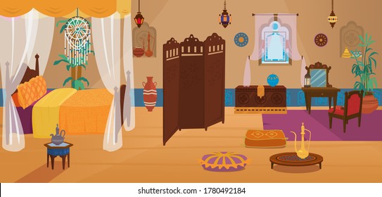 Traditional middle Eastern bedroom with furniture and decoration elements.Four poster bed with dream catcher,screen, lanterns,toilet table with chair,ceramics, carpets, cushions,plant.Cartoon vector.