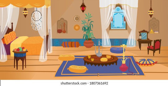 Traditional middle Eastern bedroom with furniture and decoration elements. Moroccan or Indian interior. Cartoon vector.