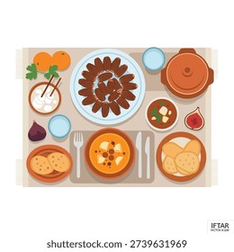 Traditional middle eastern iftar meal spread with various dishes and food on a table