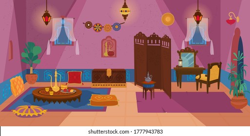 Traditional Middle Eastern Living Room Interior with Wooden Furniture and Decoration Elements:Lanterns, Dressing Table With Armchair,Tea Table, Ceramics,Screen,Cushions,Carpets, Plants. Cartoon vector