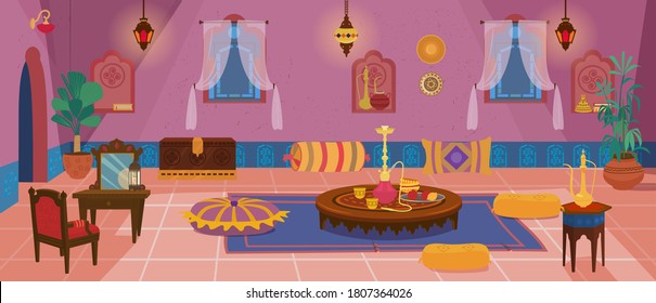 Traditional middle Eastern living room with furniture and decoration elements. Moroccan or Indian interior. Cartoon vector.