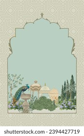 Tradicional medio oriente y jardín mogol con arco, palacio, arcos marco de ilustración para la impresión Invitación