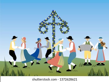 Traditional midsummer dance in Sweden with music and a flower decorated maypole. Vector Illustration