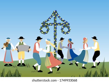 Traditional midsummer dance in Sweden with music and a flower decorated maypole. Vector Illustration