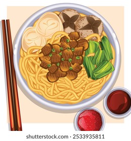 Traditional Mie Ayam with Bakso, Wonton, Diced Chicken and Choy Sum Served with Chili Oil, Soy Sauce and Wooden Chopsticks. Authentic Indonesian Cuisine Detailed Illustration 