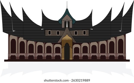 Traditional Minangkabau house from West Sumatra, Indonesia. A unique architectural heritage with soaring curved roofs and a detailed wooden facade in symmetrical design.