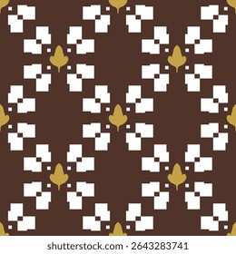 Traditional Minimal Pixel Geometric Abstract Design Elegance Warm Seamless Pattern. Classic Handicraft Monogram Florals Leaves in Autumn with White Yellow on Brown Background. Knit Wear Embroidery Rug