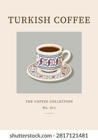 Traditional minimalist coffee poster featuring Turkish coffee in a decorative cup and saucer.