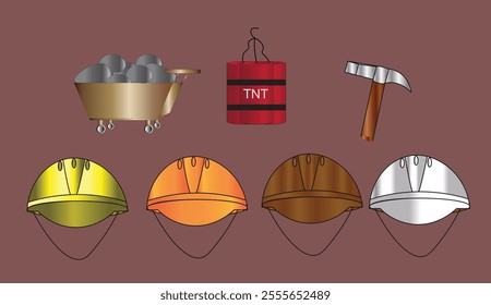 Traditional mining tools such as safety helmets, mining hammers, TNT, and piles of stones put inside metal ore carts.
