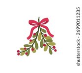 Traditional mistletoe vector with green leaves and bright red berries, tied with a classic red bow. Hand-drawn, isolated holiday design element perfect for seasonal accents, festive patterns.
