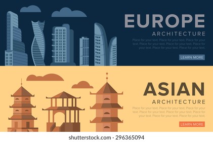 Traditional and modern architecture on the example of skyscrapers and pagodas Vector illustration. 