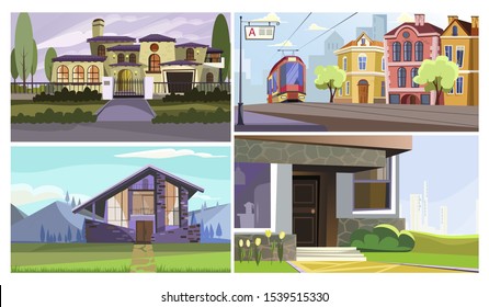 Traditional and modern buildings vector illustration set. Mansion facade, old city street with tram, apartment house. Architecture concept