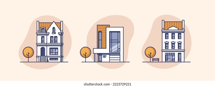Traditional and modern houses. For web design and application interface, also useful for infographics. Vector illustration.