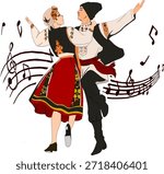 Traditional Moldovan and Romanian folk dance illustration with a boy and girl dancing in pair, wearing authentic national costumes.