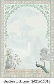 Traditional Moroccan arch with garden and peacock illustration