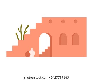 Arquitectura tradicional marroquí. Edificio árabe, casa de pueblo del desierto ilustración vectorial de dibujos animados