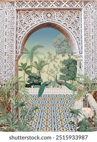Arco decorativo marroquino tradicional com ilustração de jardim, pavão, fundo contínuo.