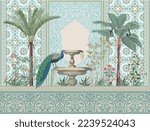 Traditional Moroccan decorative wall with plants and peacock