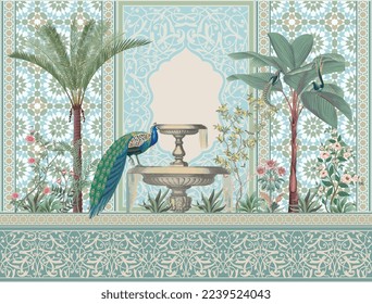 Traditional Moroccan decorative wall with plants and peacock