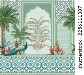 Traditional Moroccan decorative wallpaper with peacock, dates tree, plant