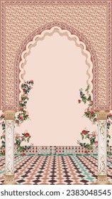 Traditional Moroccan ethnic arch, floor, pattern and rose flower. Islamic arabesque art and illustration for invitation.