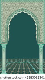 Traditional Moroccan ethnic arch, floor, pattern and rose flower. Islamic arabesque art with dark green background illustration for invitation.