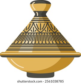 traditional Moroccan tajine, a clay cooking pot with a conical lid, adorned with intricate black and gold geometric patterns. The design highlights the cultural significance beauty of Morocco