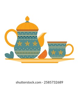 Traditional moroccan tea pot kettle and oriental teacup on plate. Morocco tea ceremony icon in flat design.