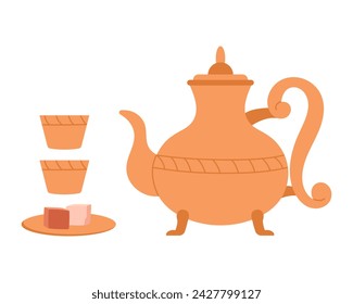 Traditional moroccan teapot. Arabian kettle with dessert, arabic delight cartoon vector illustration