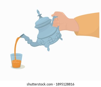 traditional Moroccan teapot in hand with a stream of tea in a glass.