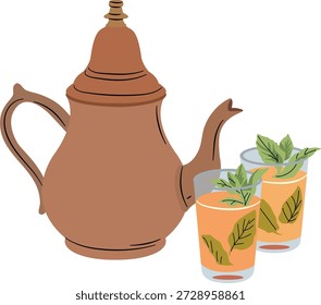 Um tradicional bule marroquino com dois copos cheios de chá de menta.