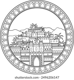 Traditional moroccan town mandala. Oriental city architecture coloring page 