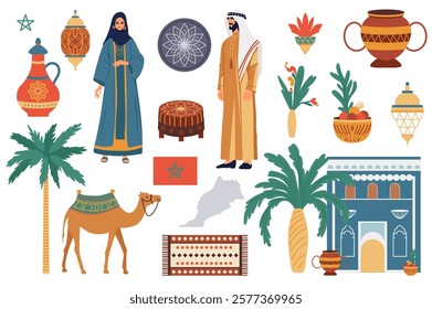 Traditional Morocco culture set in flat graphic design. Collection elements of man woman in national clothes, lanterns, tablewares, palm, camel, flag, country map, house, other. Vector illustration.