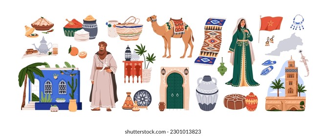 Traditional Morocco culture set. Moroccan heritage, Arabic food, pottery, architecture, clothes, accessories. Camel, oriental carpet, condiments. Flat vector illustrations isolated on white background