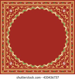 Traditional Morocco Frame. Ocher, green, white on red.  Traditional Arabic Islamic Background. Template for your text. 