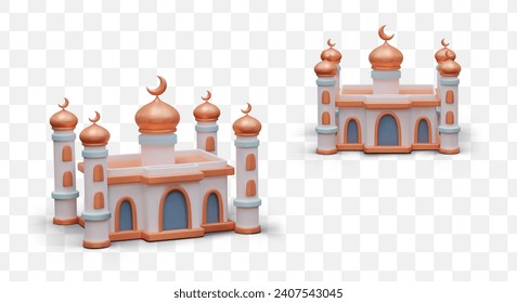 Traditional mosque in different position with gold and orange elements. Concept of Muslim religion. Celebrate Ramadan concept. Vector illustration in 3d style