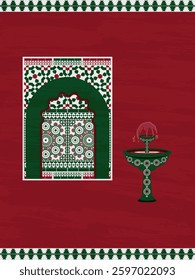 Traditional Motif With Architectural Design and Ornamental Fountain on Red Background. The design follows a culturally inspired aesthetic with intricate geometric patterns.