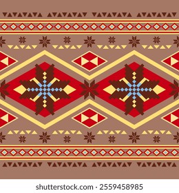 Traditional Motif Folk Florals Geometric Seamless Pattern Vector. Civilize of Ethnic On Brown Mocha Mousse Color Background. Ancient Era Embroidery Silk Weaves for Decoration Navajo Natives home decor